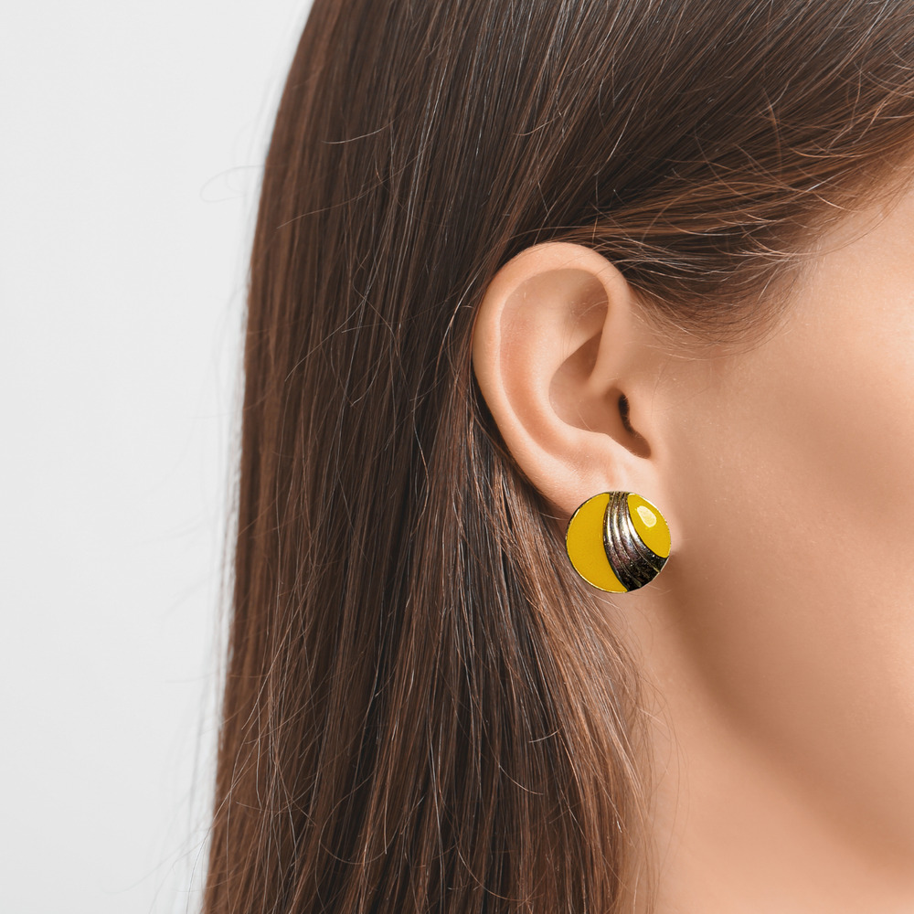 Yellow Enamel and Gold Tone Vintage Earrings, Retro 80s Circle Clip On Statement